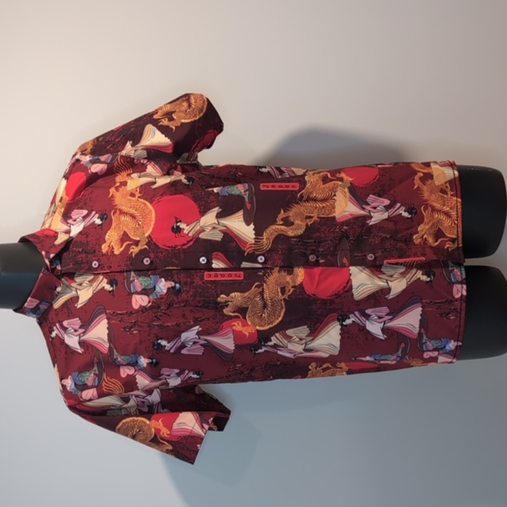 Fresh Prints Of Tokyo Geisha Dragon Print Shirt Large Burgundy Red Asian Print